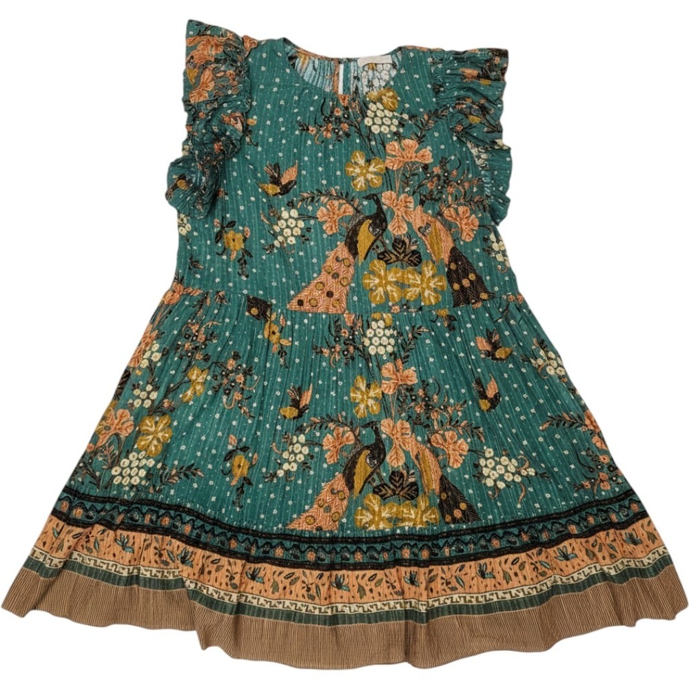 Ulla Johnson Teal Hummingbird Etta Dress Sz 12 Peacock Print Ruffle Cotton Boho